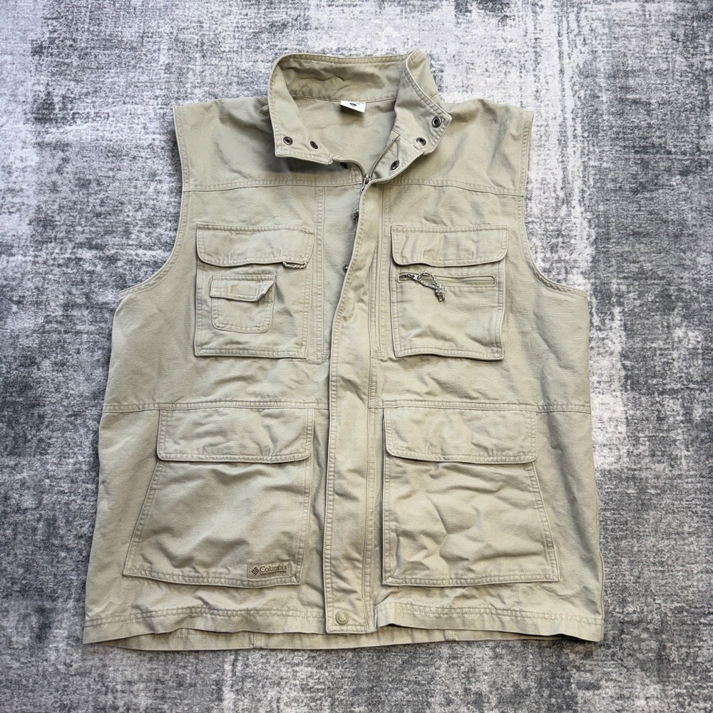 Columbia‎ Vest Mens XL Khaki Cotton Canvas Utility Pockets Safari Guide Hiking